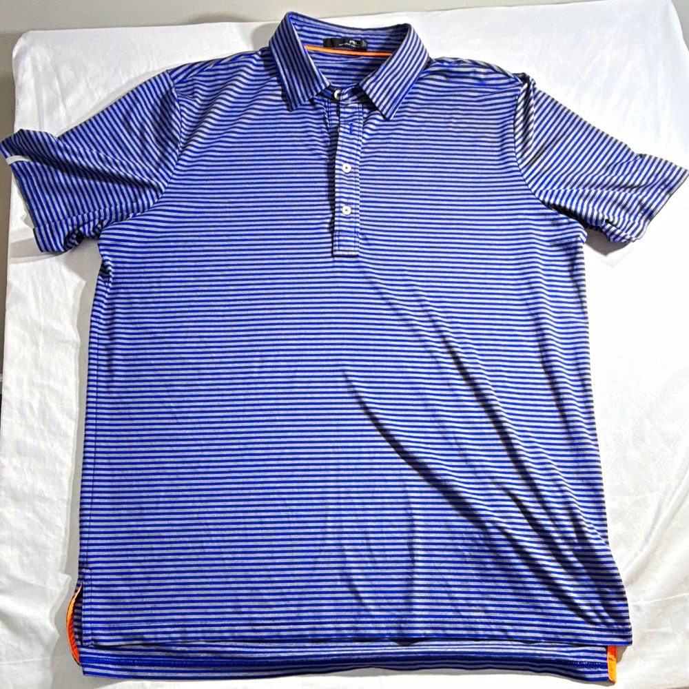 RLX Ralph Lauren Men's XL Blue/Gray/Orange Striped Stretch Polo Shirt Logo